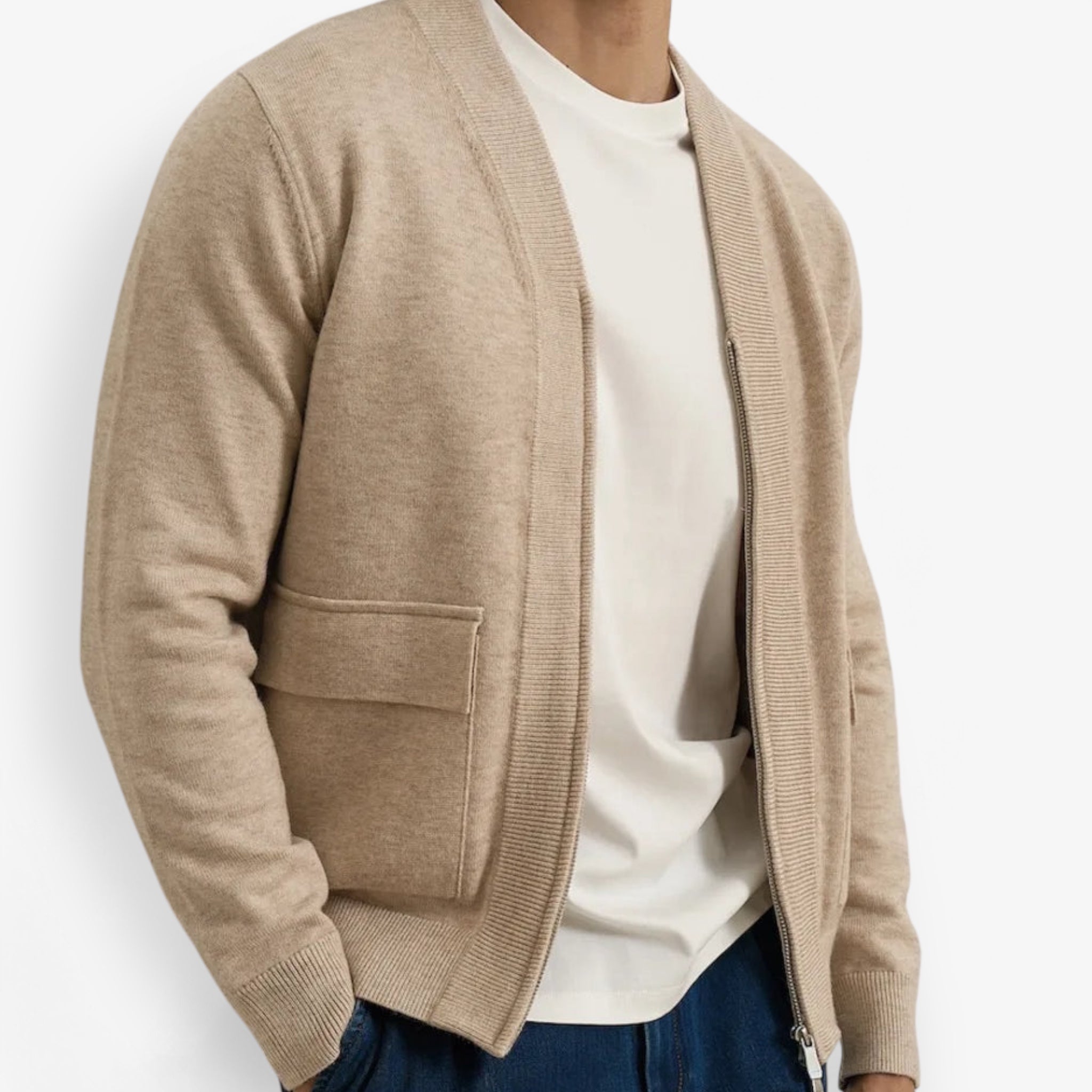 British pullover old money cardigan for men in beige wool.