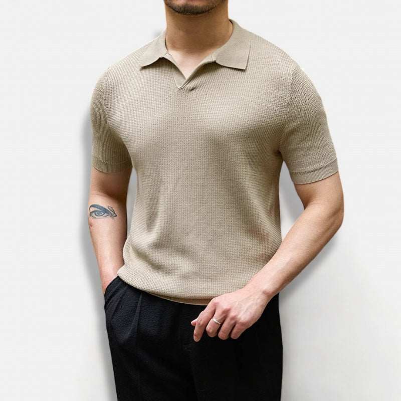 Summer v-neck polo English t-shirt in solid beige for men, perfect for spring and summer seasons, combining comfort and style.