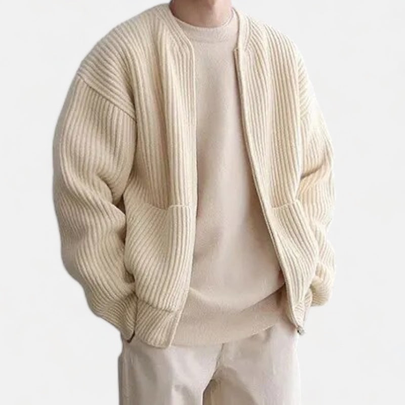 Elegant ZIP Cardigan in apricot color for men, made of cotton fabric.