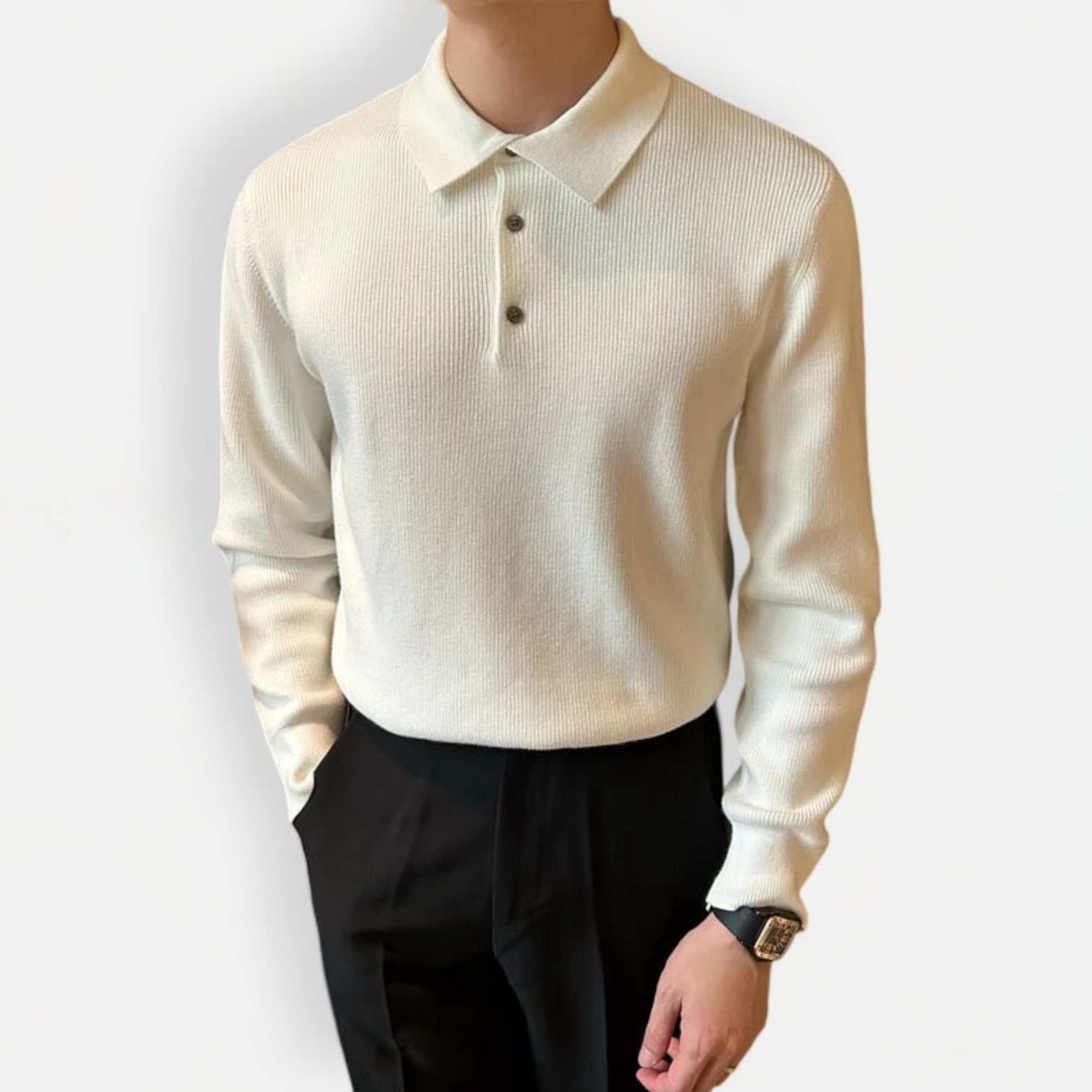 Antonios slim fit polo sweater for men in white, made from viscose and acrylic blend.