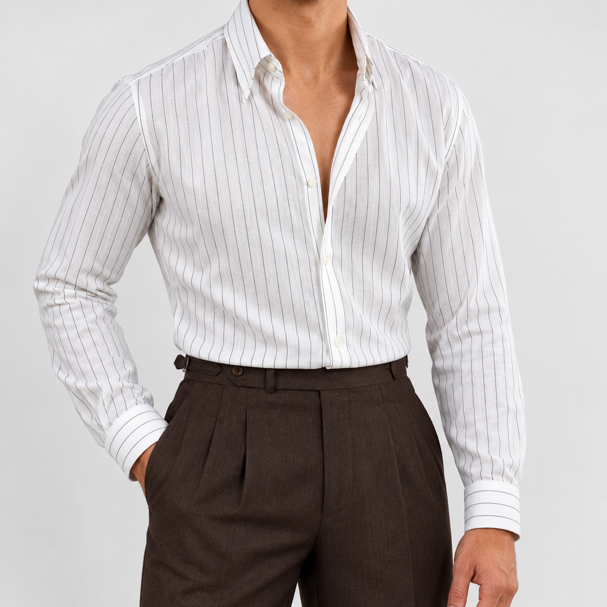 Men's Lyocell-Linen Pinstripe Long-Sleeve Shirt — White, worn by a model