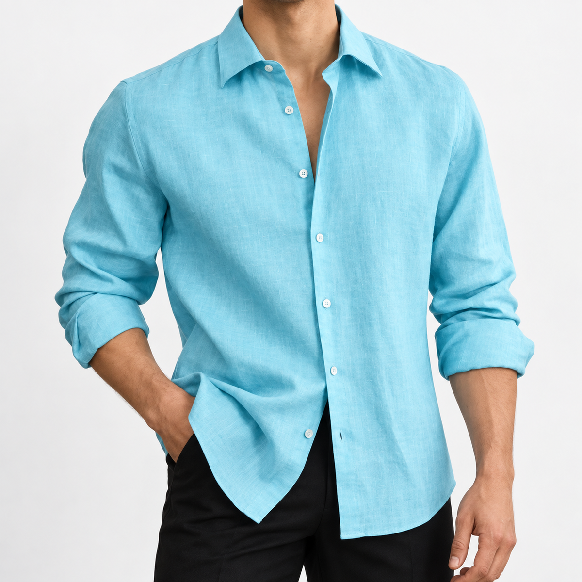Men's Linen Long-Sleeve Shirt with Pointed Collar — Blue, worn by a model