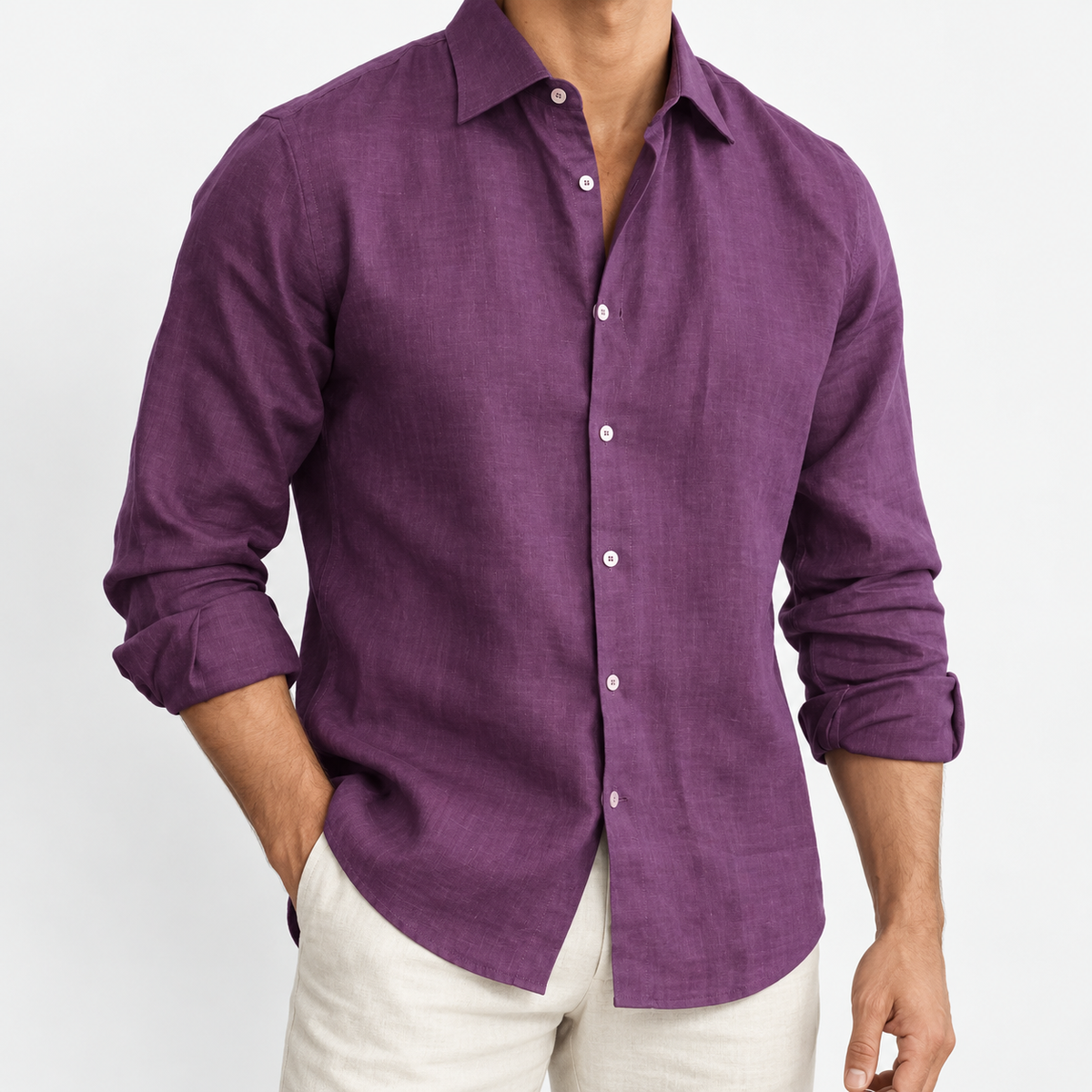 Men's Linen Long-Sleeve Shirt with Pointed Collar — Purple, worn by a model