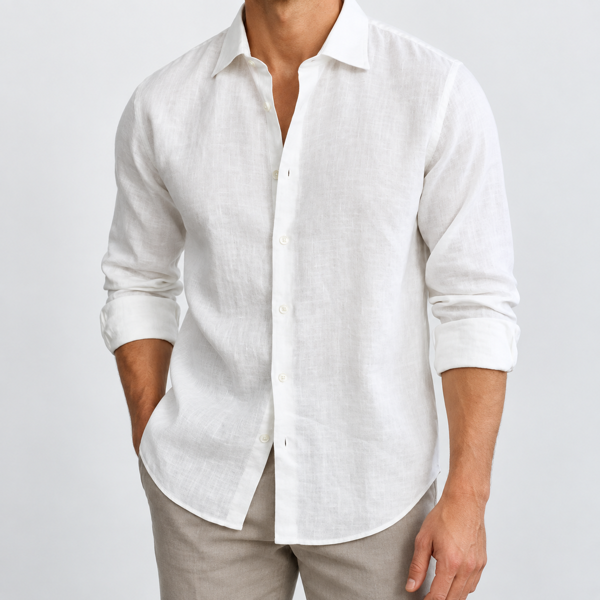 Men's Linen Long-Sleeve Shirt with Pointed Collar — White, worn by a model