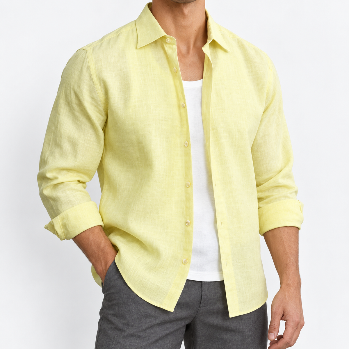 Men's Linen Long-Sleeve Shirt with Pointed Collar — Yellow, worn by a model