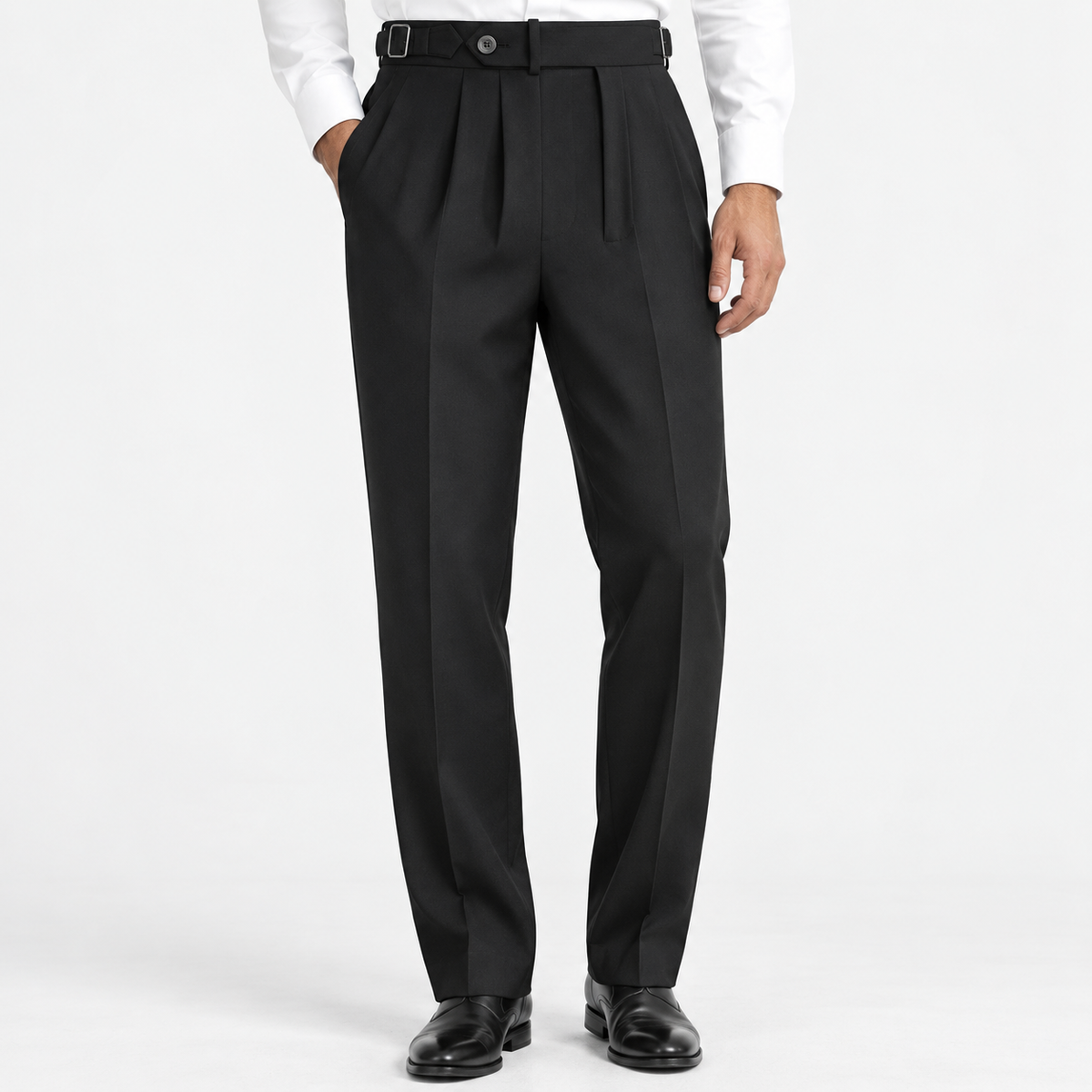 Men's Double-Pleat Dress Trousers with Adjustable Waist — Black, worn by a model
