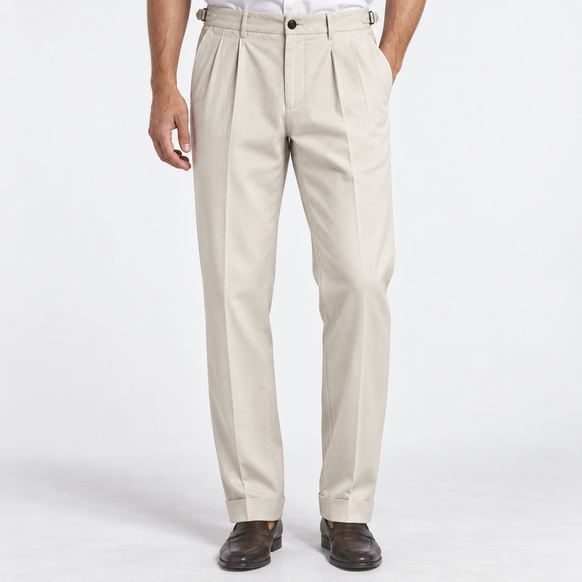 Men's Cotton-Blend Cuffed Pleated Trousers — White, worn by a model