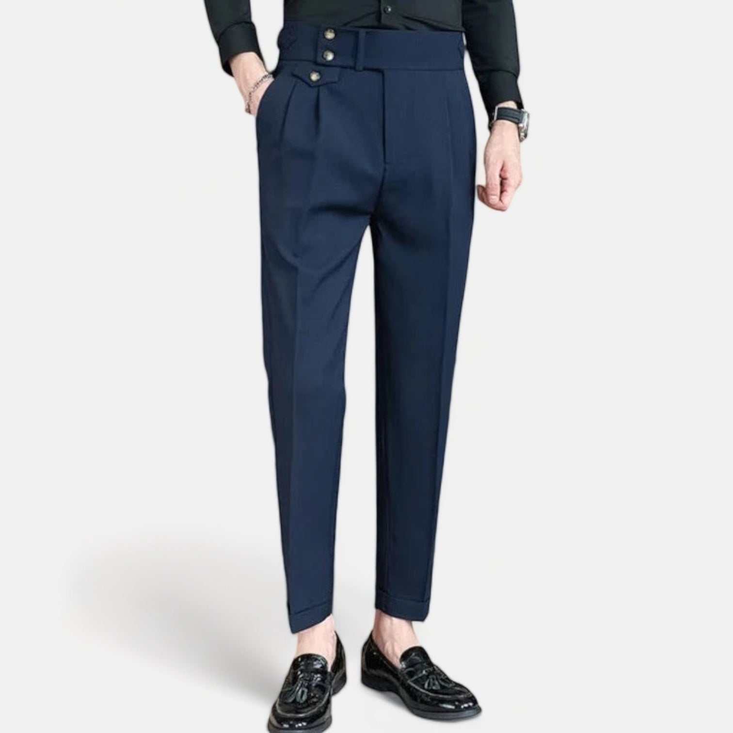 Slim fit suit elegant pants for men in navy, solid pattern, comfortable and polished look.