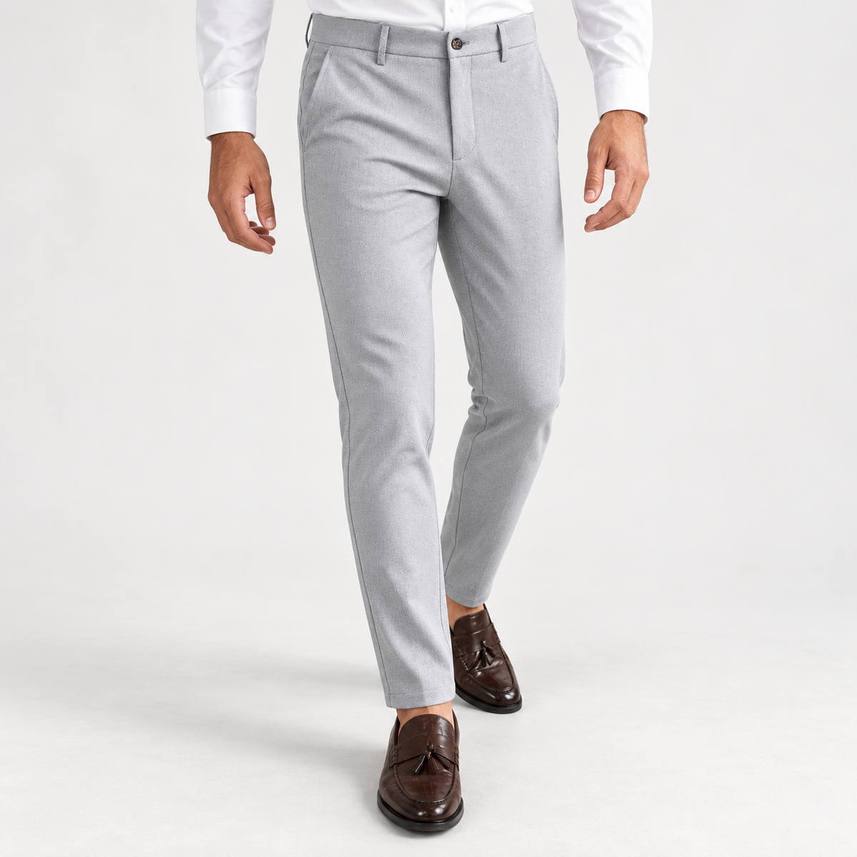 Men's Slim Tapered Stretch Chino Trousers — Gray, worn by a model