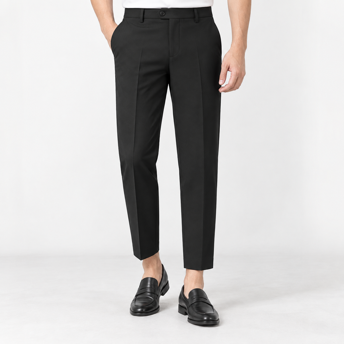 Men's Stretch Dress Pants in Two Lengths — Black (Ankle Length), worn by a model