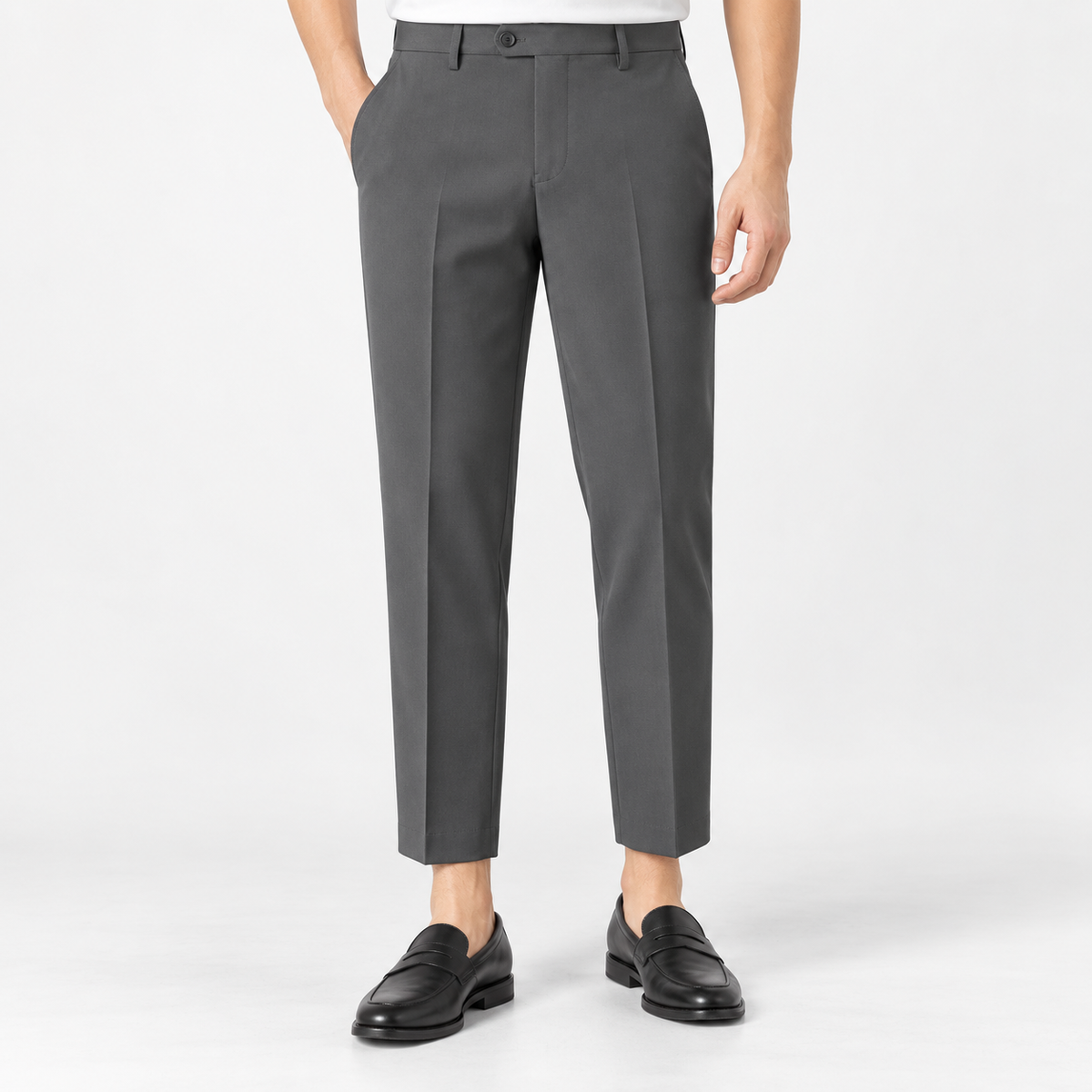 Men's Stretch Dress Pants in Two Lengths — Dark Gray (Ankle Length), worn by a model