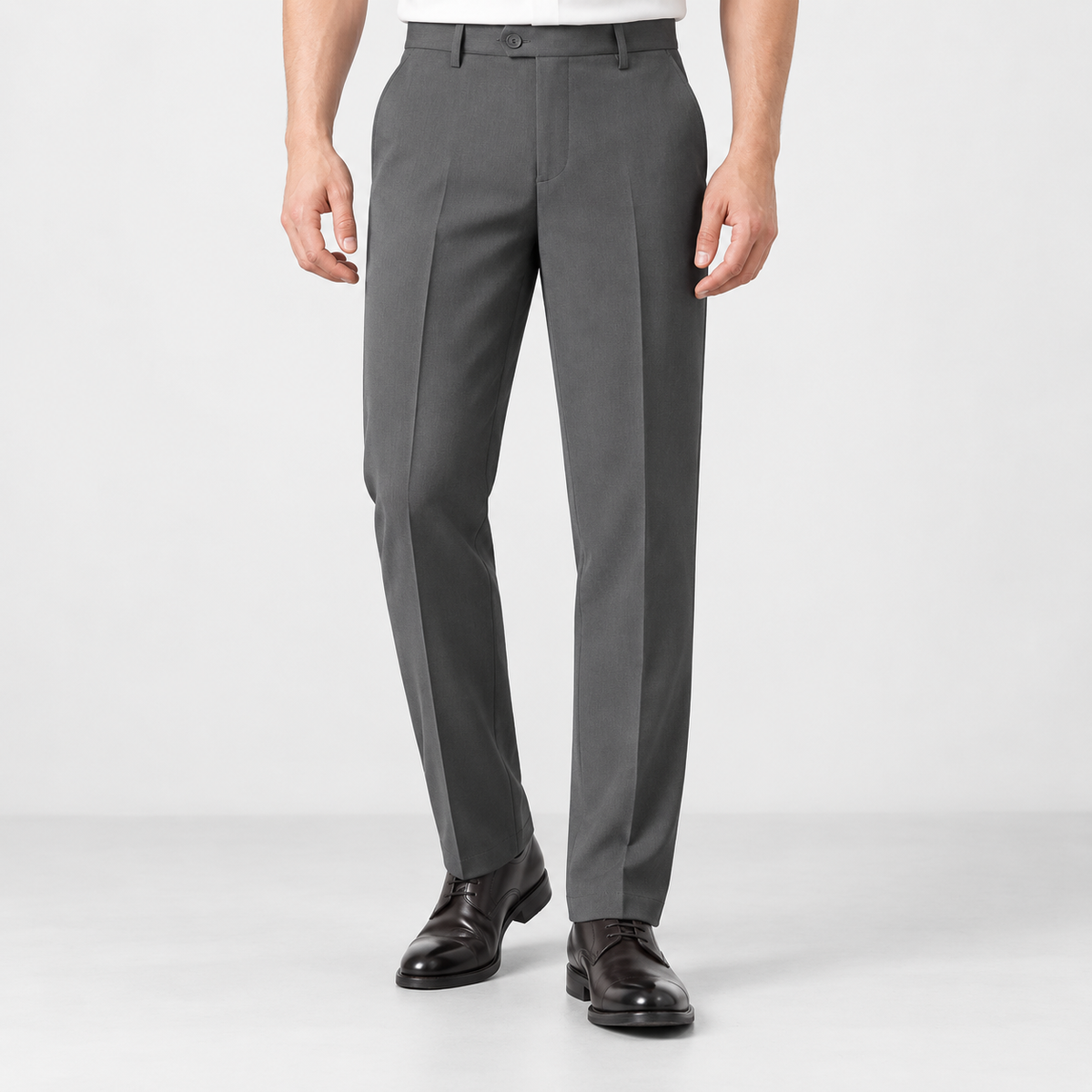 Men's Stretch Dress Pants in Two Lengths — Dark Gray (Full Length), worn by a model