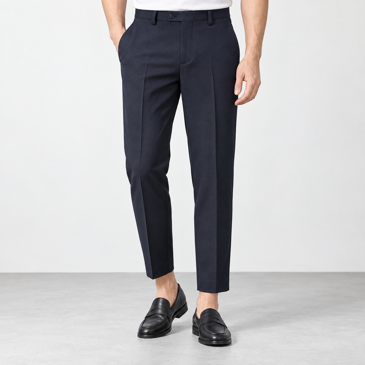 Men's Stretch Dress Pants in Two Lengths — Navy Blue (Ankle Length), worn by a model