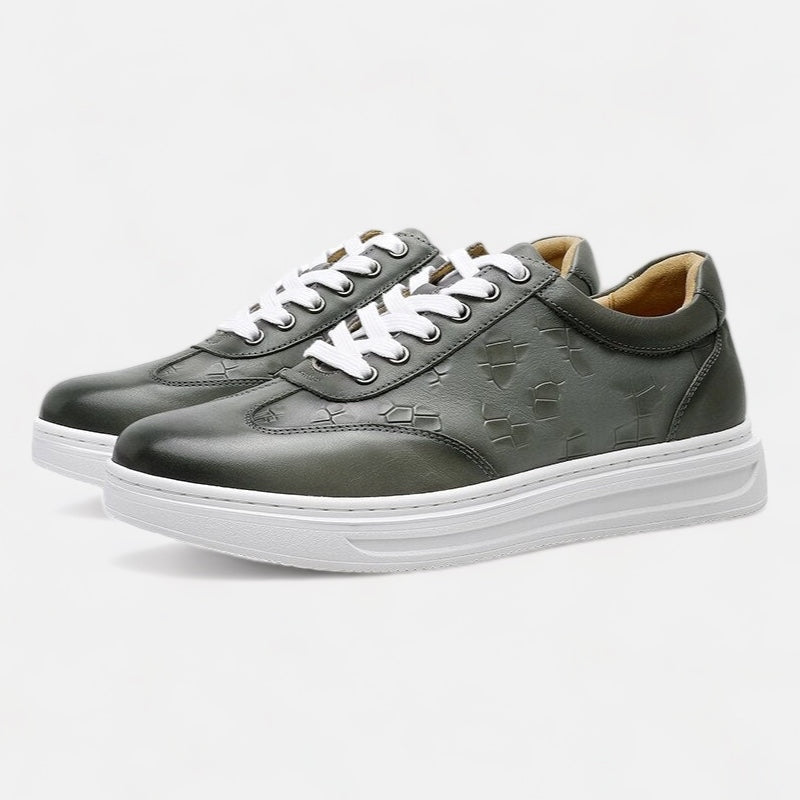 Olive Green Shoes made from genuine leather with a contemporary design and white soles.