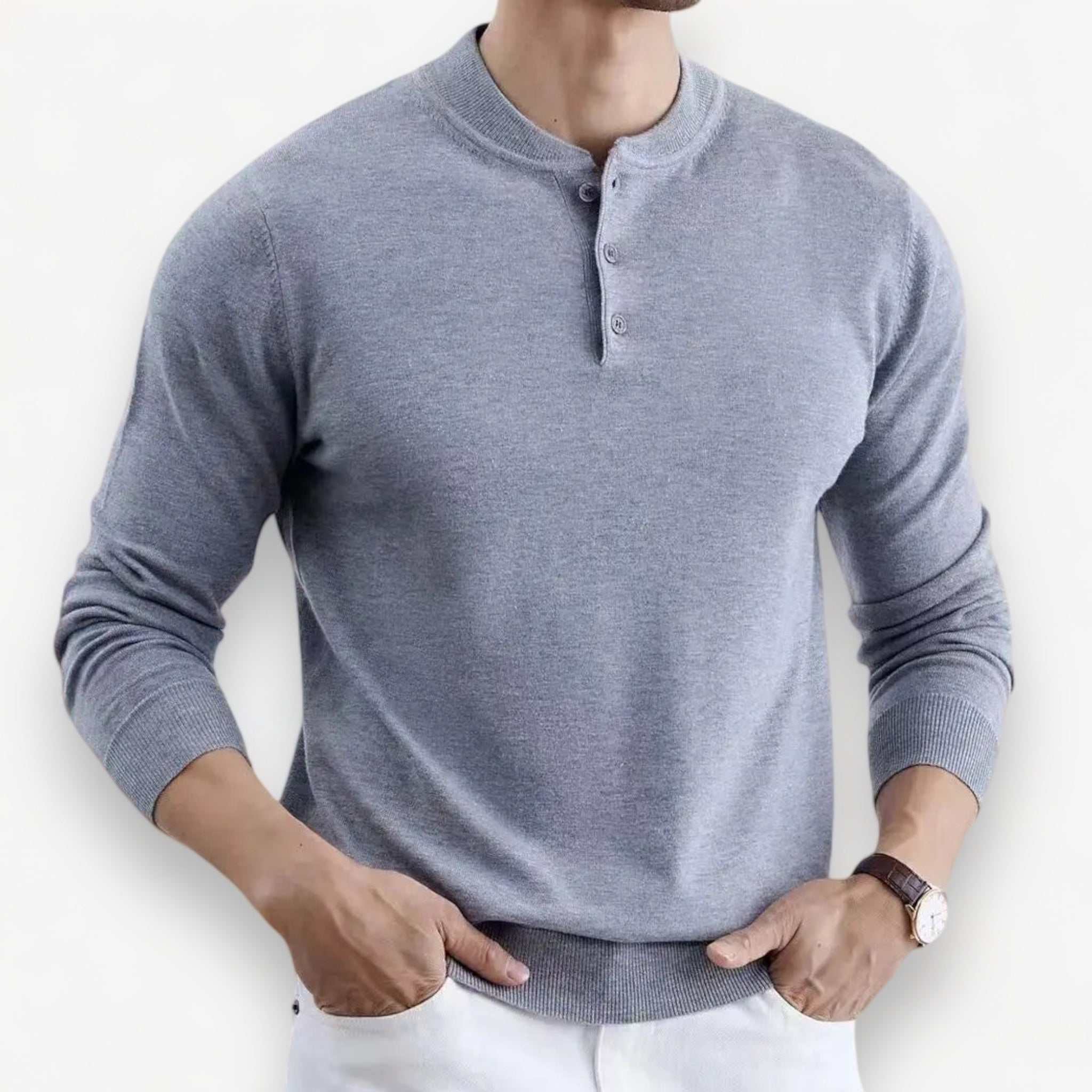Men's gray autumn Korean premium sweater with buttons.