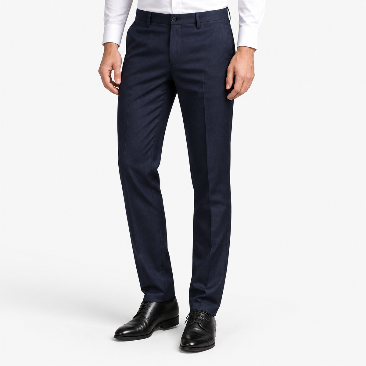 Men's Woven Stretch Straight-Leg Dress Pants — Navy Blue, worn by a model