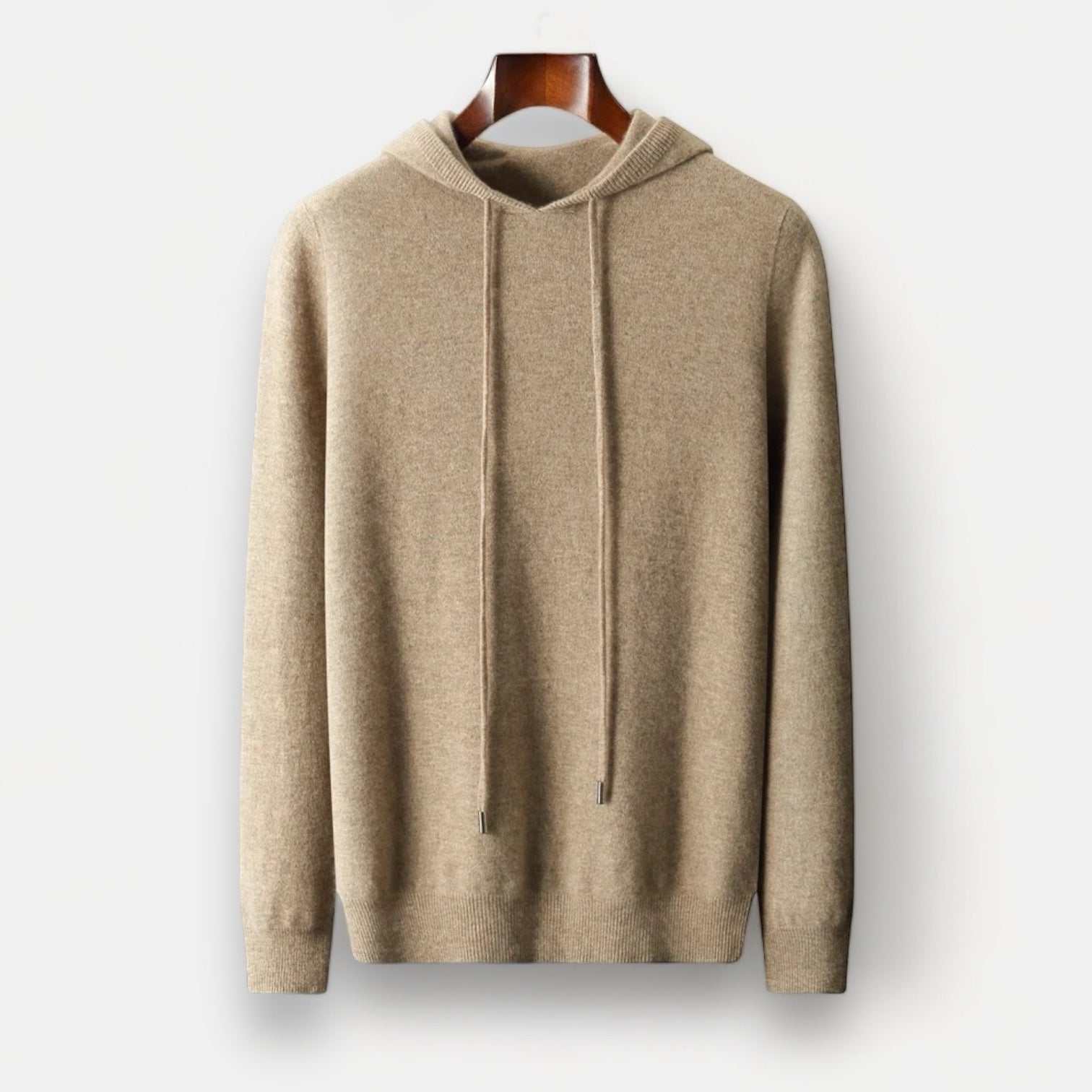 Men's wool cold season sweater in beige color with a hood and drawstrings, perfect for chilly days.