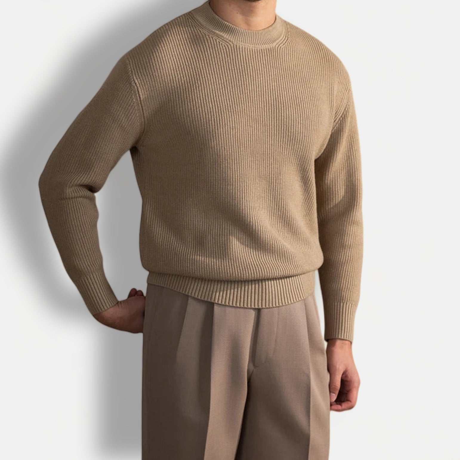 Autumn warm wool sweater for men in beige, casual elegant style.