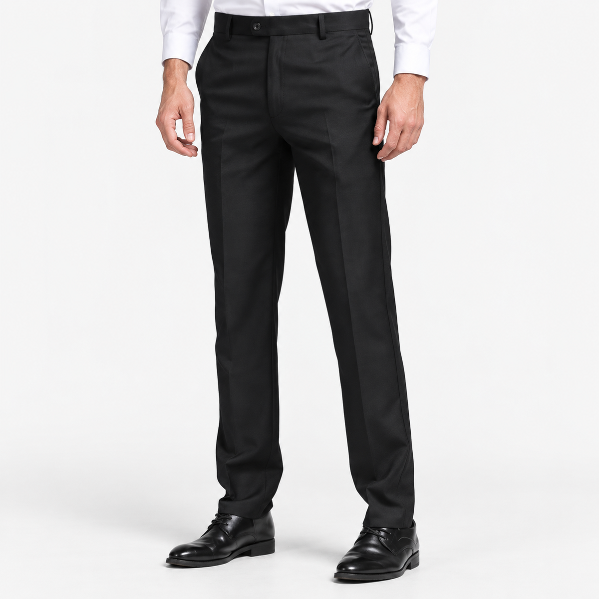 Men's Classic Flat-Front Suit Trousers — Black, worn by a model