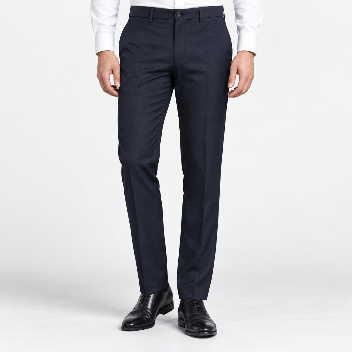 Men's Classic Flat-Front Suit Trousers — Dark Blue, worn by a model