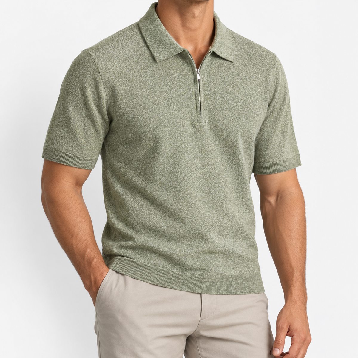 Men's Lyocell Short-Sleeve Half-Zip Polo — Sage Green, worn by a model