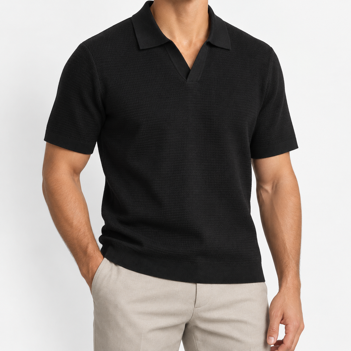 Men's Lyocell Open-Collar Short-Sleeve Polo — Black, worn by a model