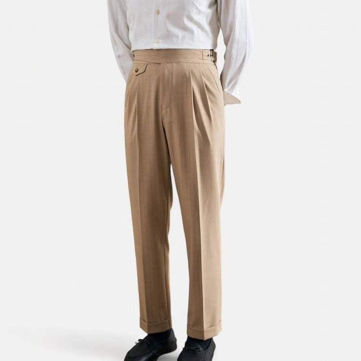 High waist trousers for office outfit, smart casual style, full-length.