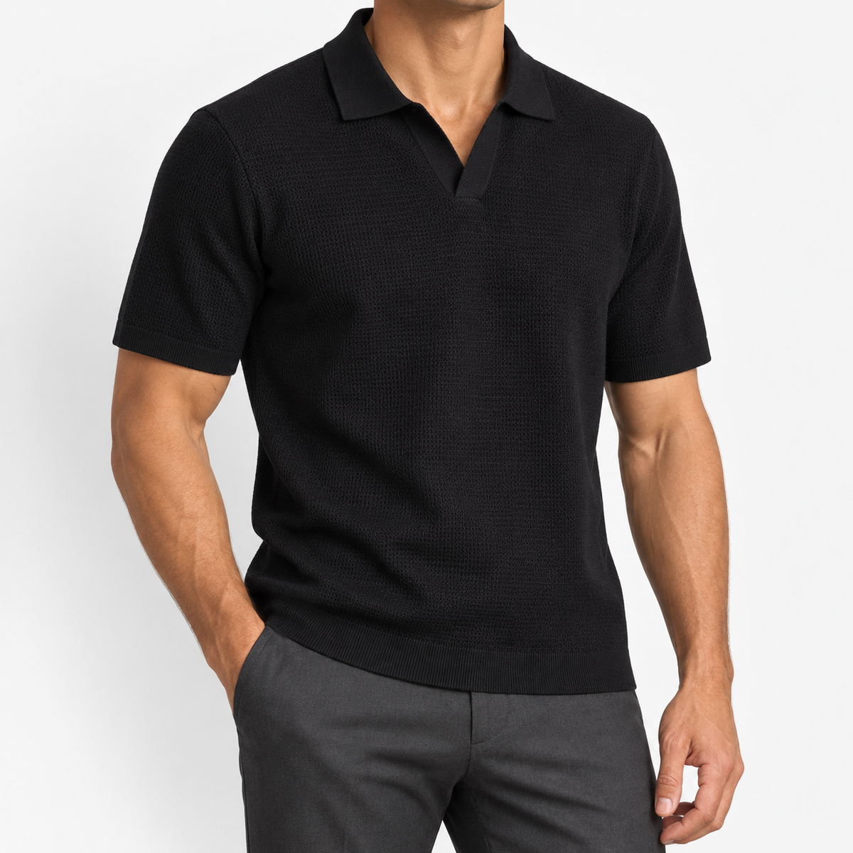 Men's Fine-Knit Lyocell Johnny-Collar Polo — Black, worn by a model