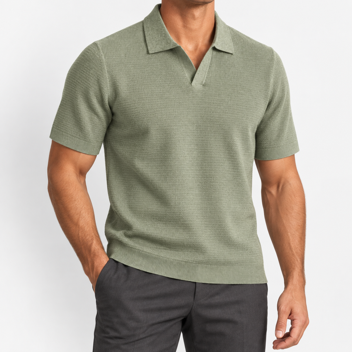 Men's Fine-Knit Lyocell Johnny-Collar Polo — Sage Green, worn by a model