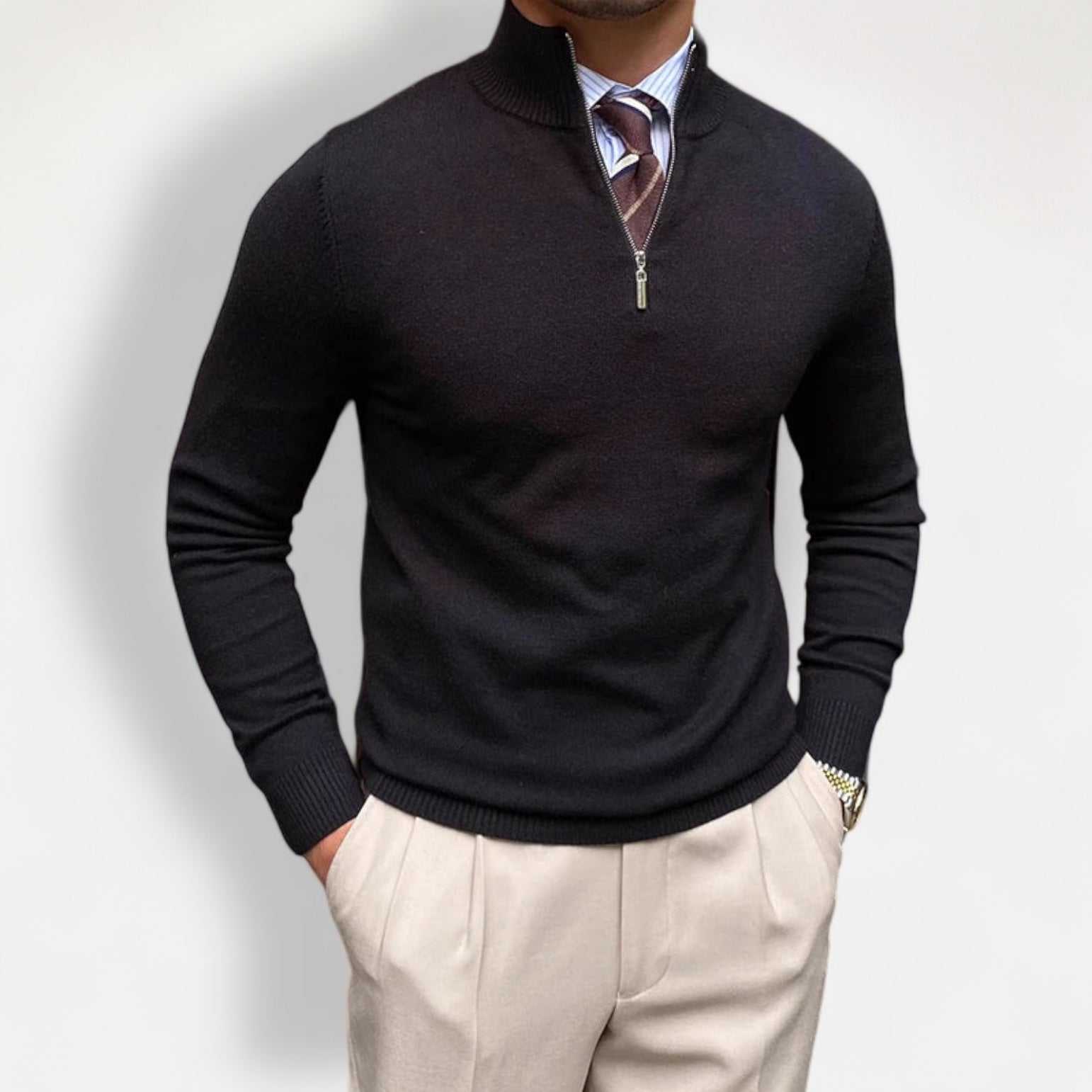 Men's knitted jumper fall sweater in black, made from polyester and wool for warmth and comfort.