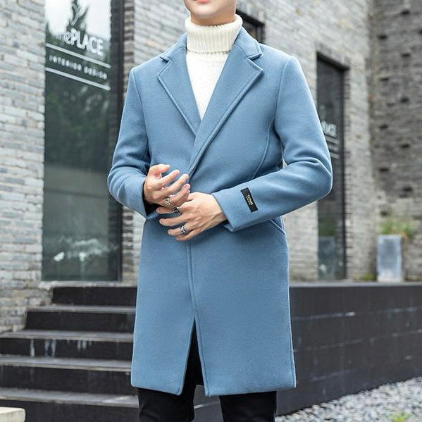 Antonios Long Wool Coat for men in blue, featuring a casual and elegant design ideal for all seasons.
