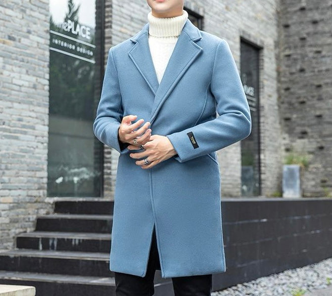 Antonios Long Wool Coat for men in blue, featuring a casual and elegant design ideal for all seasons.
