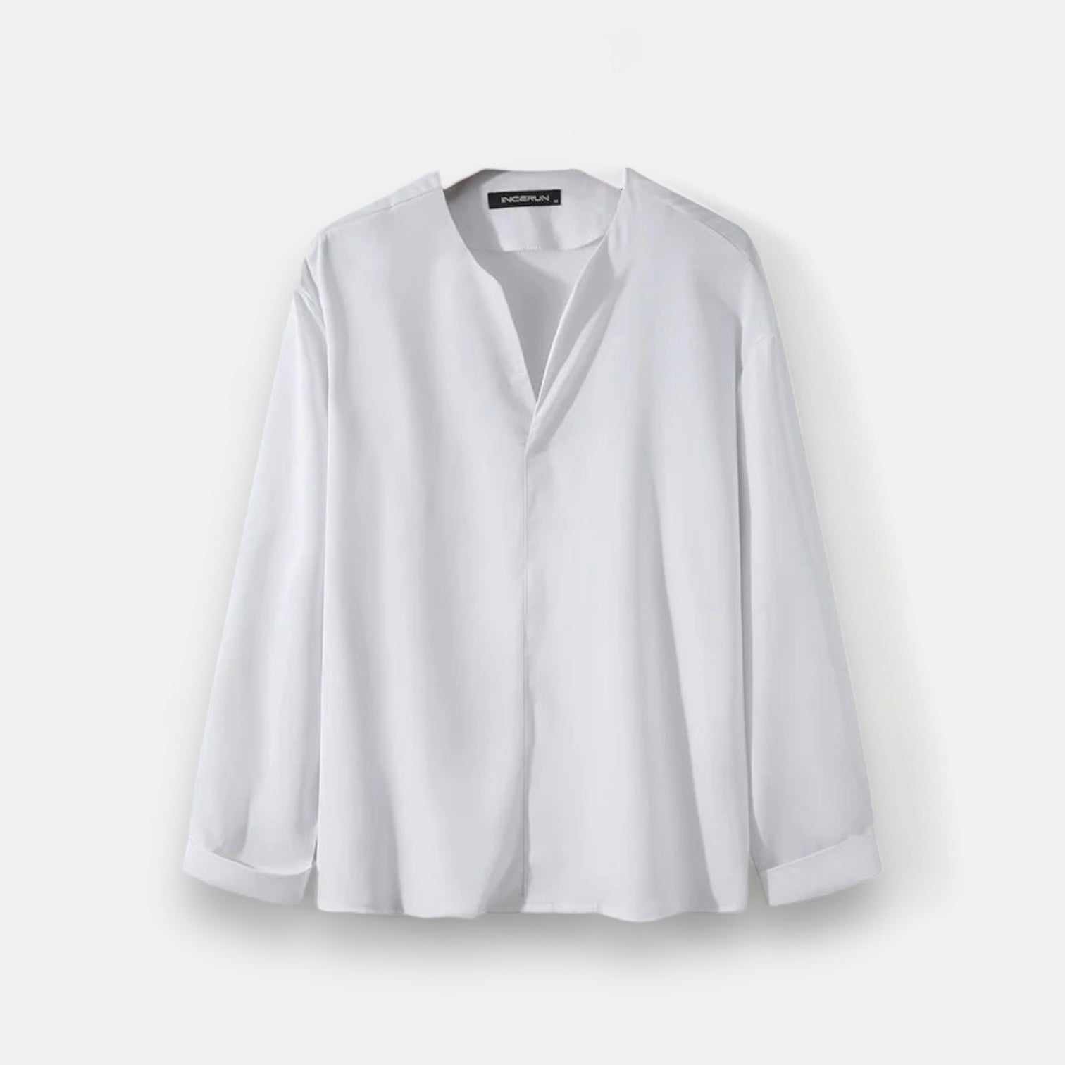Antonios thin long-sleeve shirt, men's elegant white solid pattern, lightweight polyester fabric.