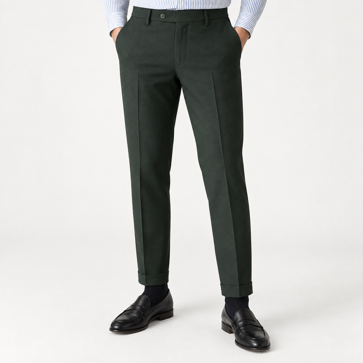 Men's Slim Ankle-Length Stretch Dress Trousers — Green, worn by a model