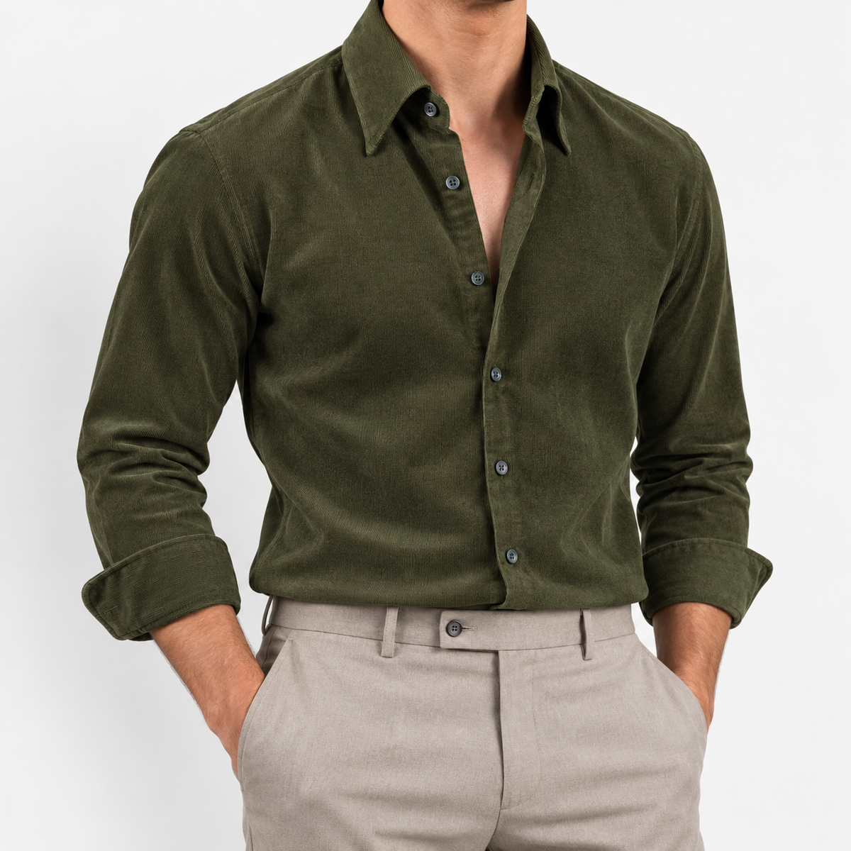 Men's Cotton Pointed-Collar Long-Sleeve Shirt — Green, worn by a model