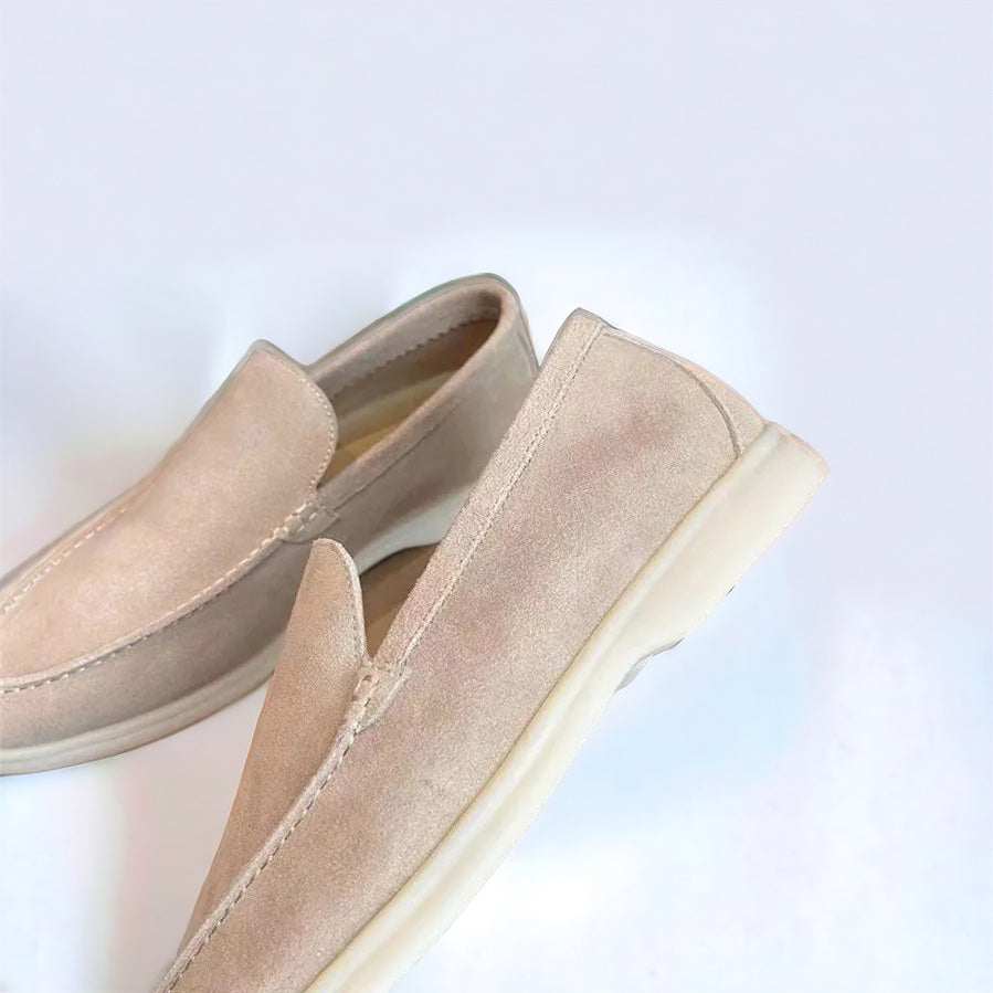 Elegant suede leather loafers in beige color for men.