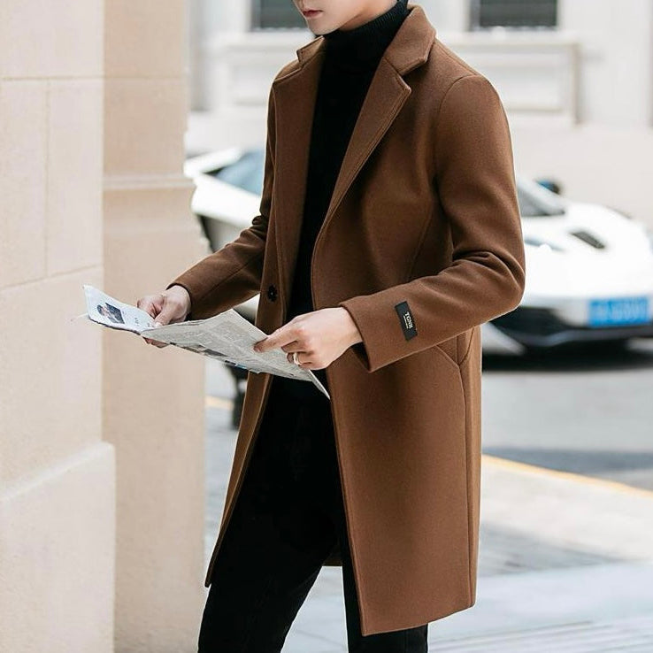 Antonios Long Wool Coat for Men, casual elegant style, brown color, solid pattern.