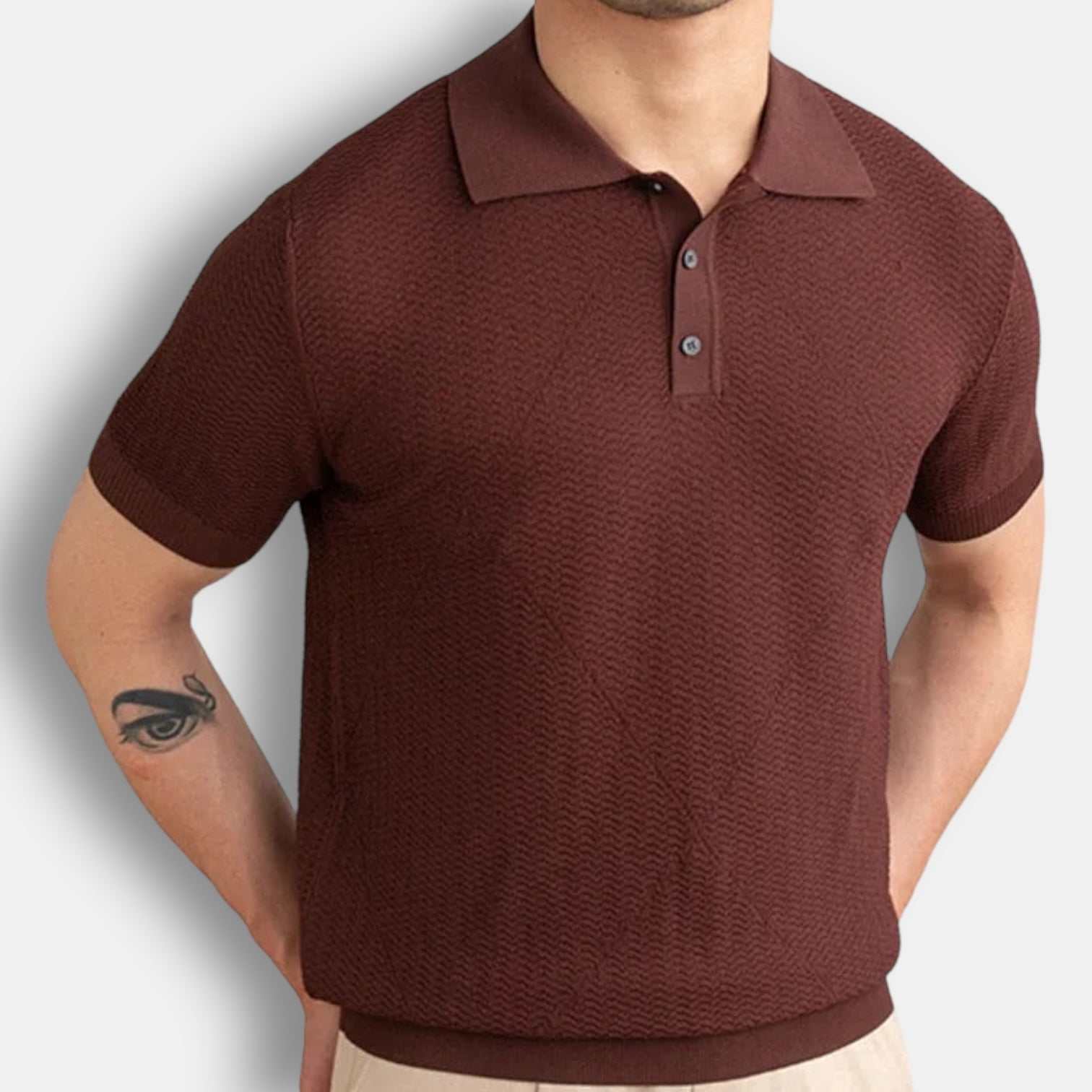 Casual men's polo t-shirt in brown, short sleeves, solid pattern, premium quality material.