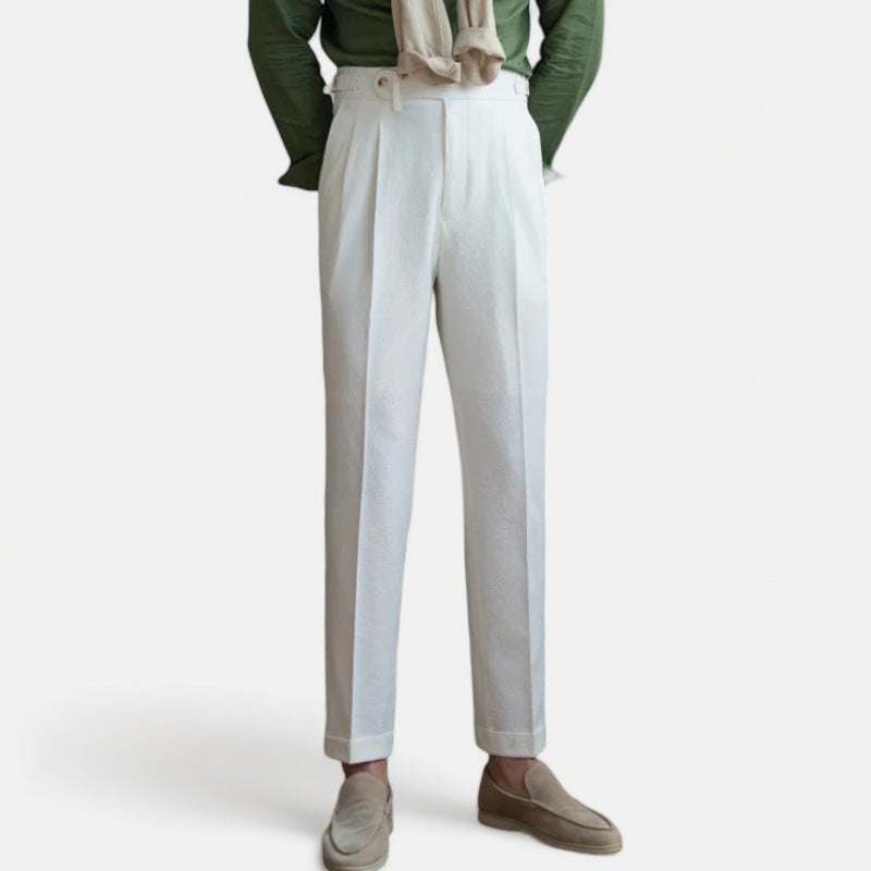 Italian design high-waist trousers for office wear, solid pattern, elegant casual style.