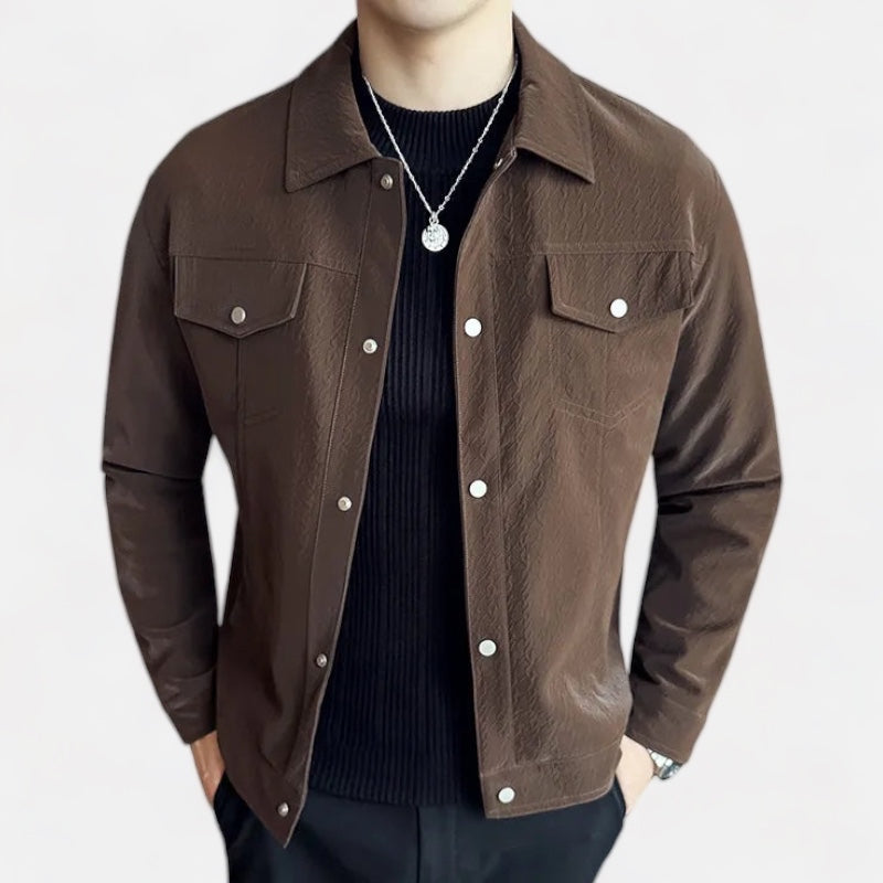Men's CLASSY eco-leather jacket in coffee, casual elegant style.