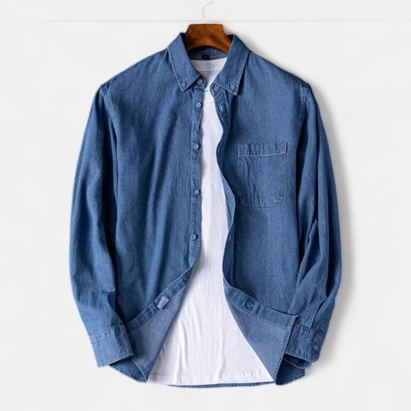 Business Casual Denim Shirt in organic cotton, featuring a classic collar and solid pattern.
