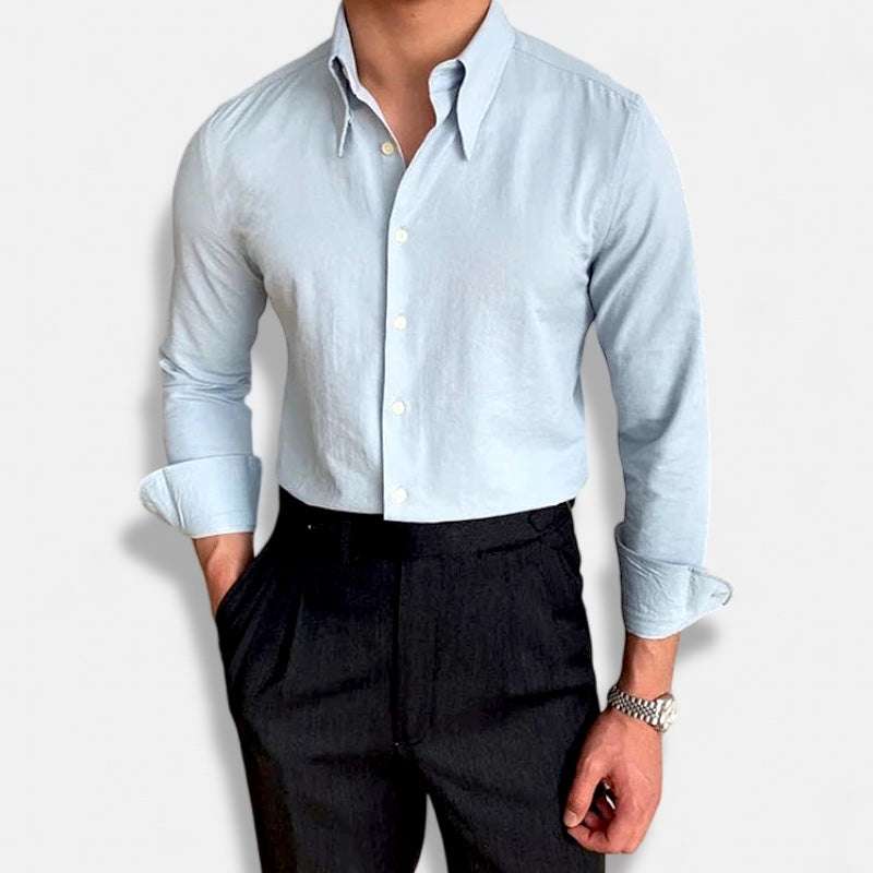 Business collar long sleeve shirt for men, elegant and breathable, solid polyester material.