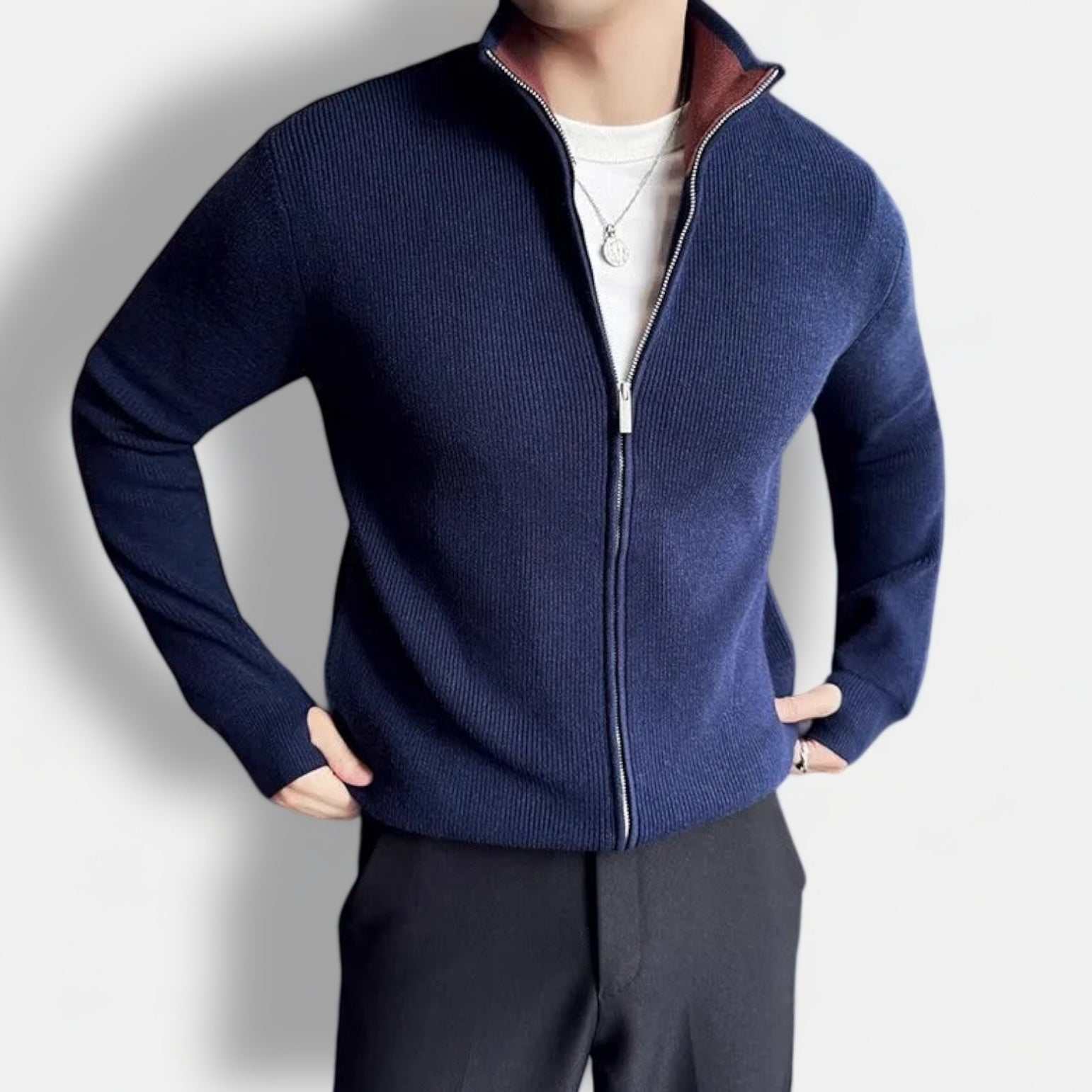 Cold season knit zipper sweater for men, navy solid polyester, stylish and cozy for autumn and winter.