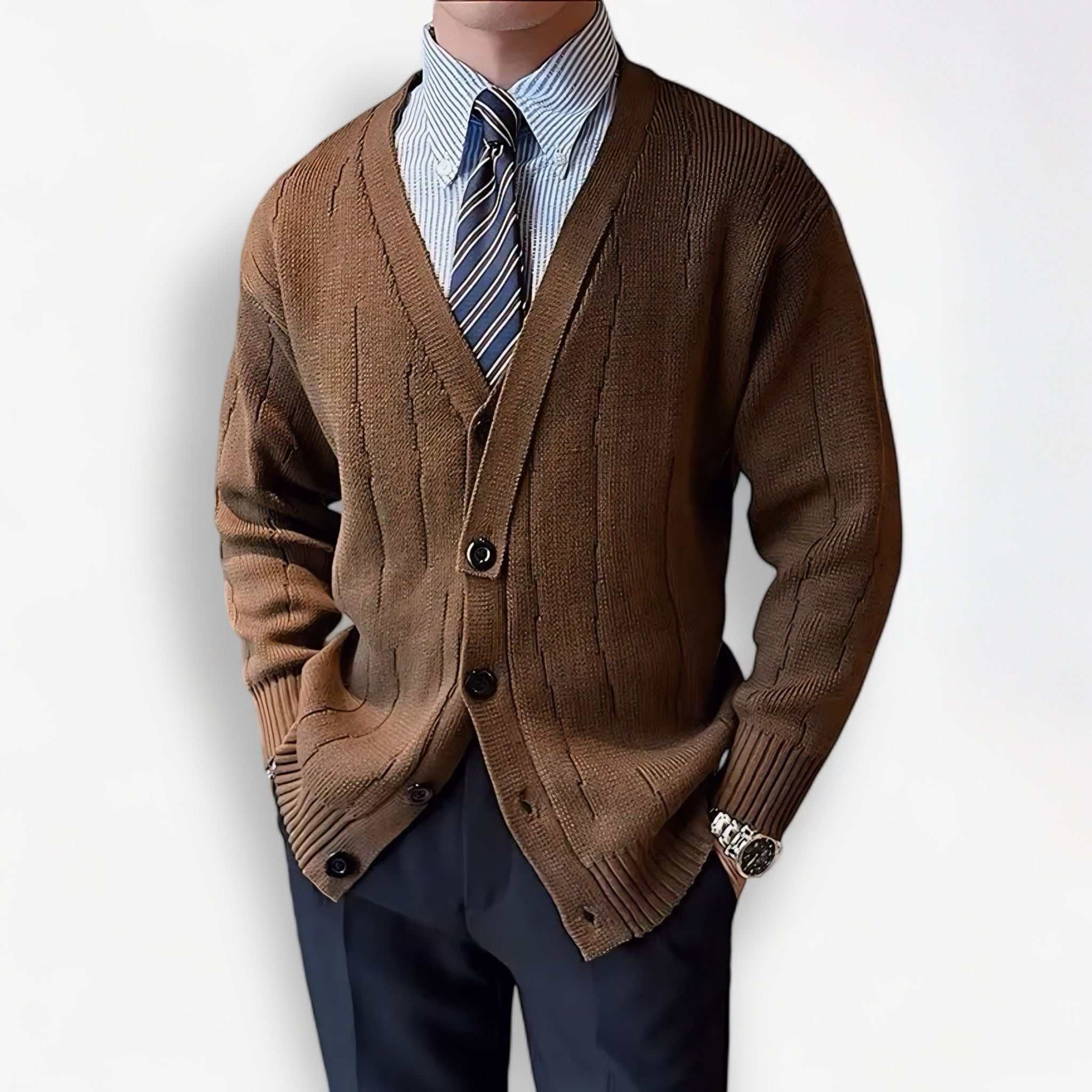 Retro v-shape winter cardigan in brown, perfect for men's cozy cold weather style.