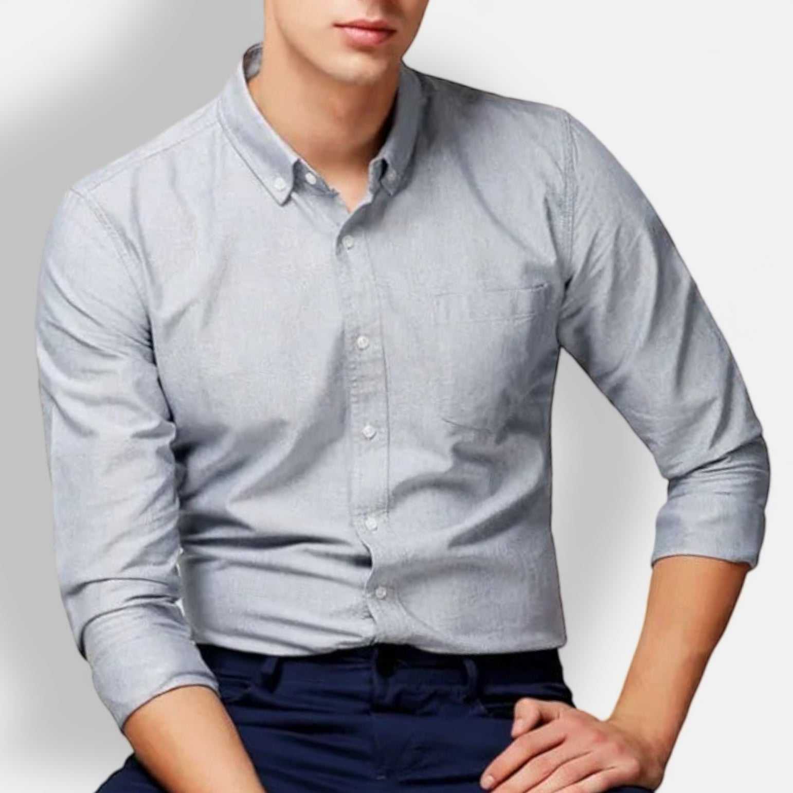 Business casual slim fit shirt for men in light gray, perfect for office wear.