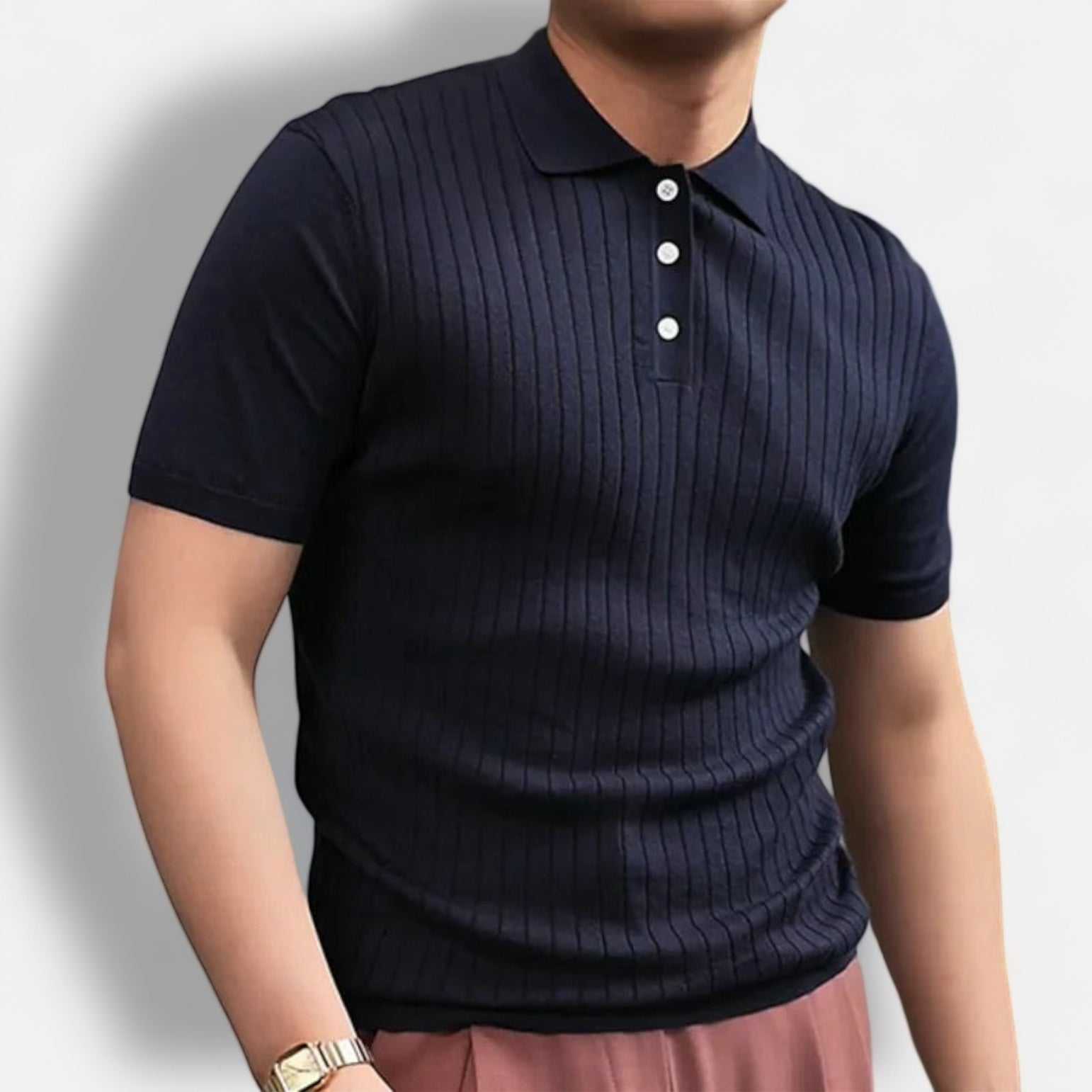 Men's British polo collar t-shirt with stripe pattern, ideal for office or casual wear.