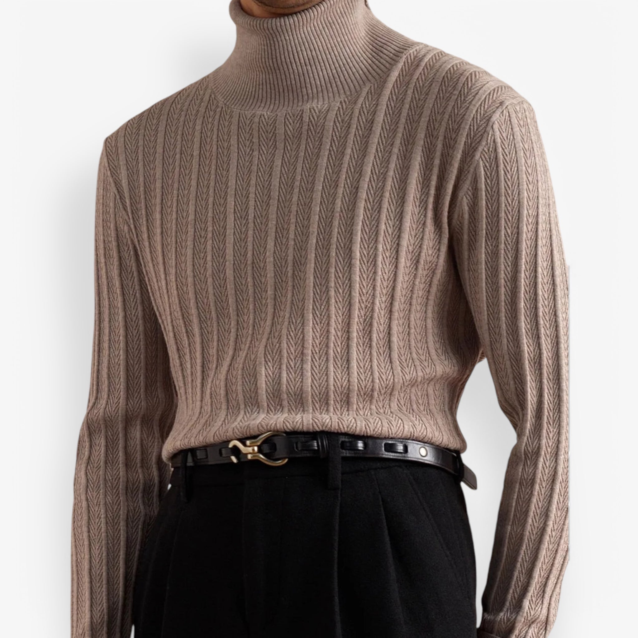Luxury wool mock neck pullover for men in soft wool and lyocell.