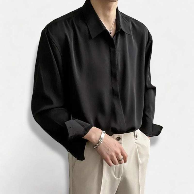 Italian old money summer shirt in solid black, casual and elegant style for men, spring/summer wear.
