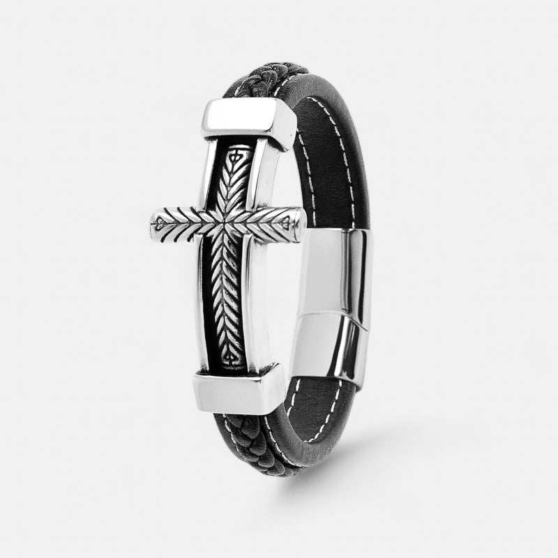 Cross stainless steel leather bracelet with sleek cross design.