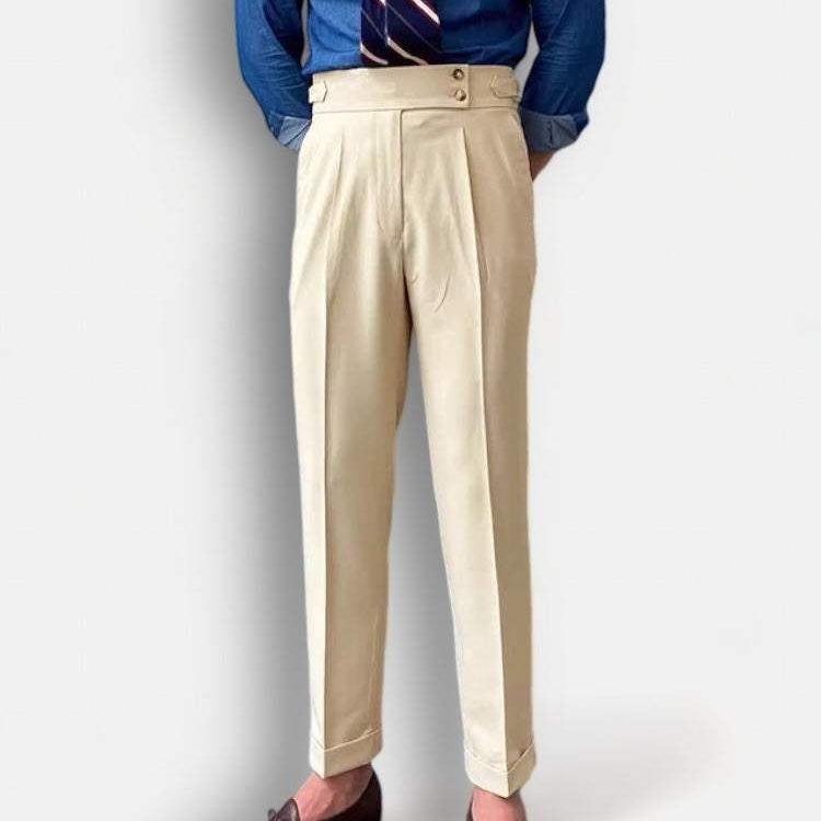 High-waist slim straight trousers in beige polyester, casual and elegant style.